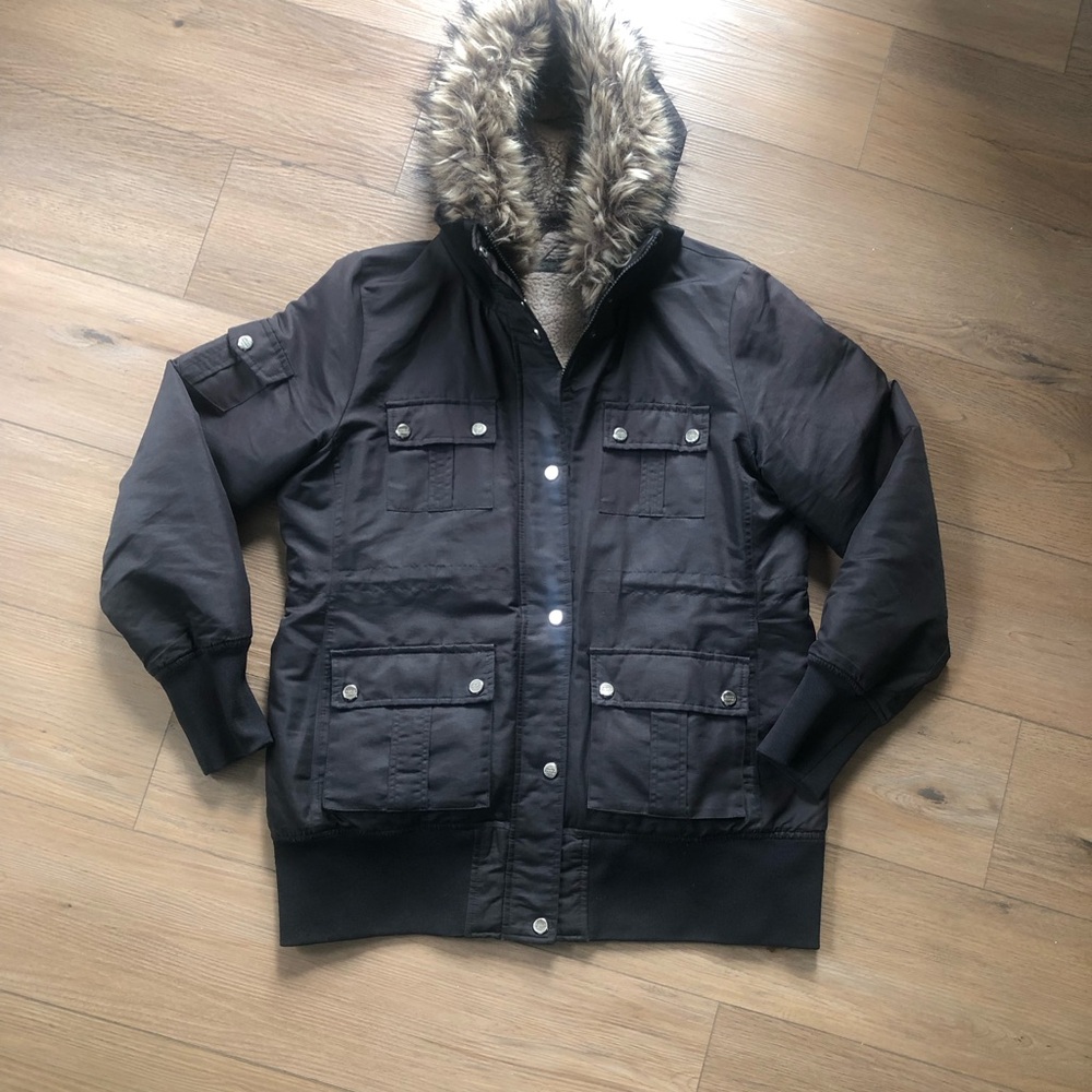 Steve Madden Black Jacket with Faux Fur Removable Hood   Sz LG